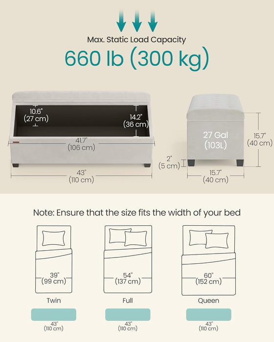 Velvet Storage Ottoman Bench, Foot Rest with Legs, 15.7 X 43 X 15.7 Inches, End of Bed Bench, Storage Chest, Load up to 660 Lb, for Living Room, Bedroom, Entryway, Cream White ULSF089W01