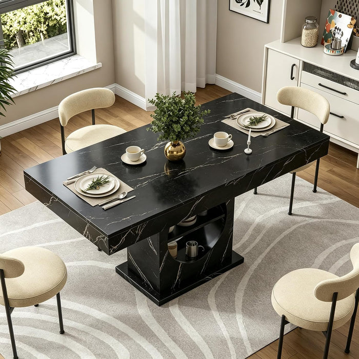 Dining Table for 4-6 People, 55 Inches Dinner Table with Drawers and Open Storage, Wooden Pedestal Base, Rectangular Farmhouse Kitchen Table for Kitchen, Living Room (Marble Black)