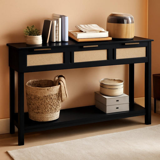 Entryway Console Table with 3 Rattan Drawers - Long Sofa Table behind Couch Modern Fluted Hallway Living Room Storage Cabinet, Entry Table Open Shelf Foyer Furniture, Anti-Tip, Black, 47 Inch