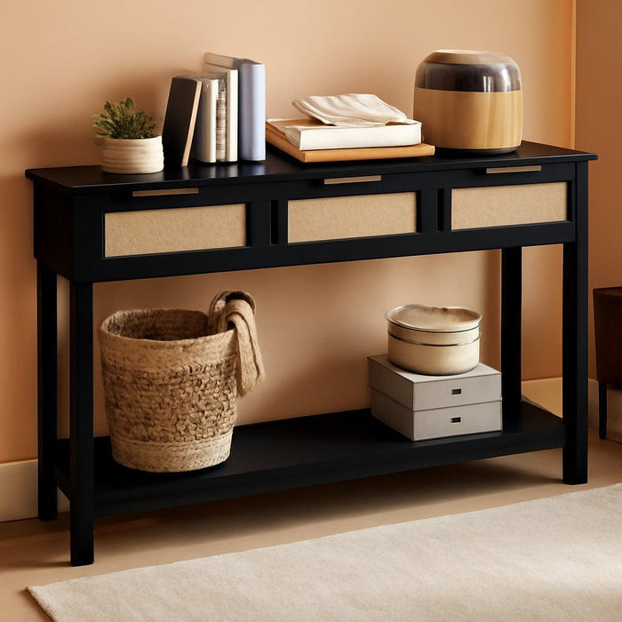 Entryway Console Table with 3 Rattan Drawers - Long Sofa Table behind Couch Modern Fluted Hallway Living Room Storage Cabinet, Entry Table Open Shelf Foyer Furniture, Anti-Tip, Black, 47 Inch