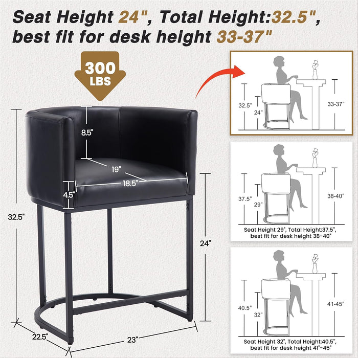 Black Modern Barrel Counter Height Clearance Bar Stools Set of 3, 24 Inch PU Leather Kitchen Barstools with Back for Island, with Black Metal Tubular Frame