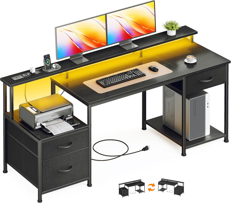 55" Computer Desk with File Drawer, Printer Space, Dark Black