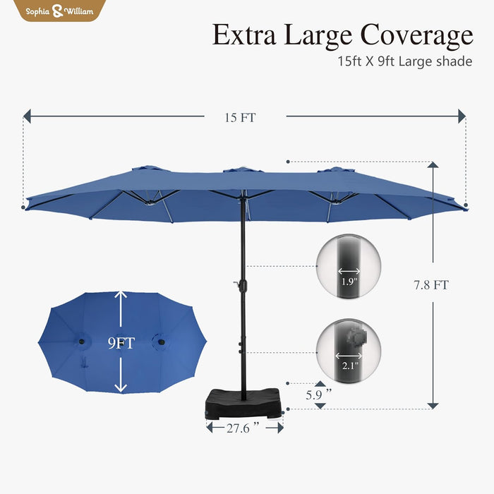 15Ft Extra Large Outdoor Patio Umbrella with Base Included, Haze Blue