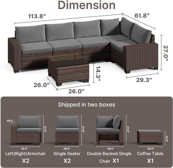 6-Piece Outdoor Patio Furniture Set, PE Wicker Rattan Sectional Sofa Conversation Set with Thickened Cushions and Coffee Table, All-Weather Patio Furniture for Garden, Backyard, Poolside, Grey