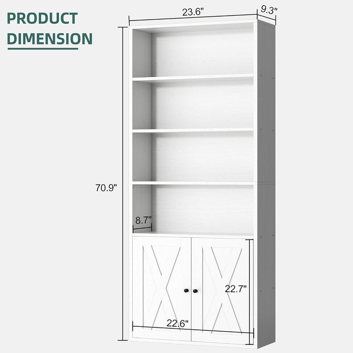 Bookshelf, Industrial Bookshelves and Bookcases with Doors Floor Standing 6 Shelf Display Storage Shelves 70.6 Inches Tall Bookcase for Home Office, Living Room (White)
