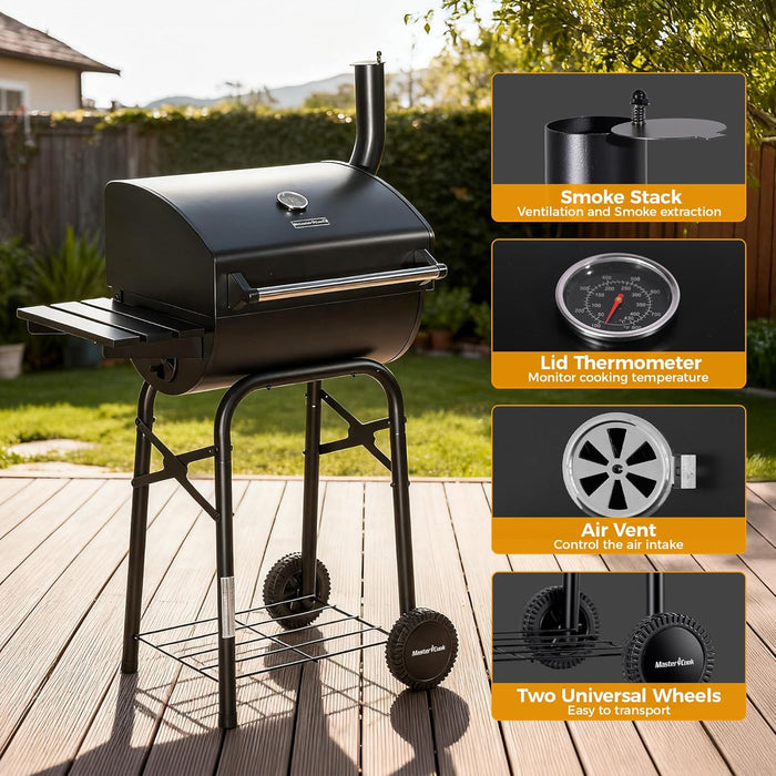 Barrel Style Charcoal Grill with Side Table, Adjustable Charcoal Rack, Air Vent and Warming Rack, Smoke Bbq Grill for Outdoor Patio Backyard and Camping