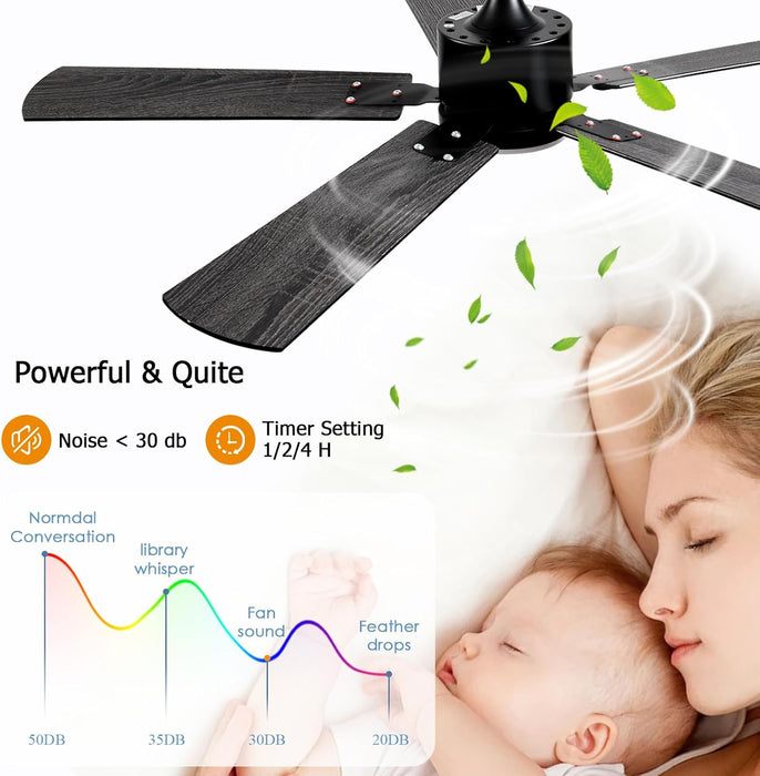 56 Inch Black Ceiling Fans with Lights and Remote/App Control, DC Reversible Motor, Noiseless, Dimmable, 6 Speeds Low Profile Modern Ceiling Fan for Livingroom, Indoor/Outdoor Use