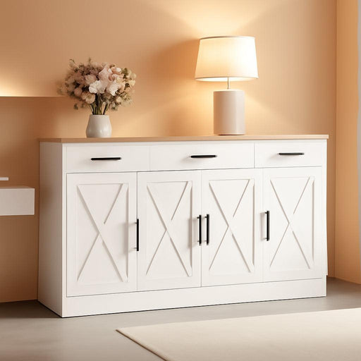 Buffet Cabinet with Drawers, 53” Large Sideboard Buffet Kitchen Storage Cabinet, Modern Farmhouse Coffee Bar with Shelves and Doors, Wood Buffet Table for Kitchen, Dining Room, White