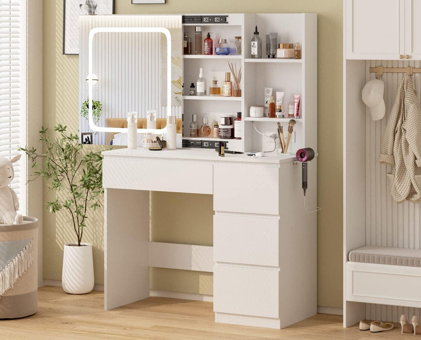 Make up Vanity Desk with Charging Station, Vanity Set with Mirror and Stool and Lights,Dressing Table with 4 Drawers & Storage Shelves,37Inch, White