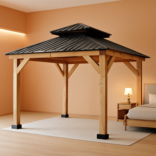 12' X 16' Outdoor Cedar Wood Hardtop Carport, Heavy Duty Gazebo with Double Galvanized Steel Roof, All-Weather Wind & Snow Resistant Permanent Pavilion for 2 Cars, Boat, Patio, Backyard