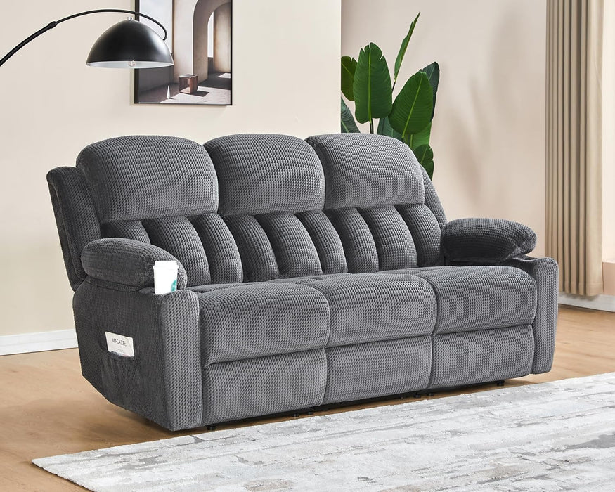85" Manual Reclining Sofa, 3 Seater Recliner Couch with Dual Wingback Recliners & Cup Holders, Comfy Oversized Living Room Sofa, Grey