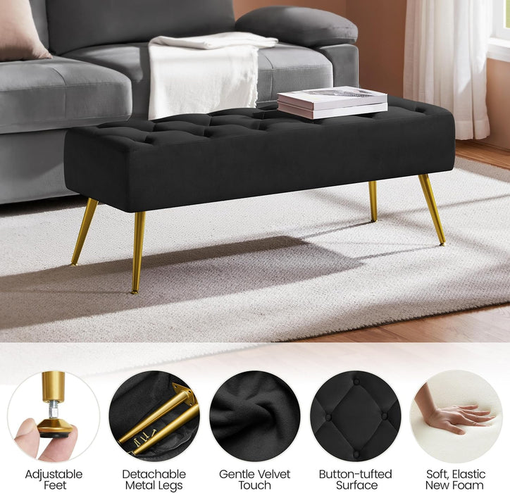 45" Black Ottomans, Velvet End of Bed Bench, Ottoman Foot Rest with Gold Legs for Living Room, Bedroom, Entryway, Black