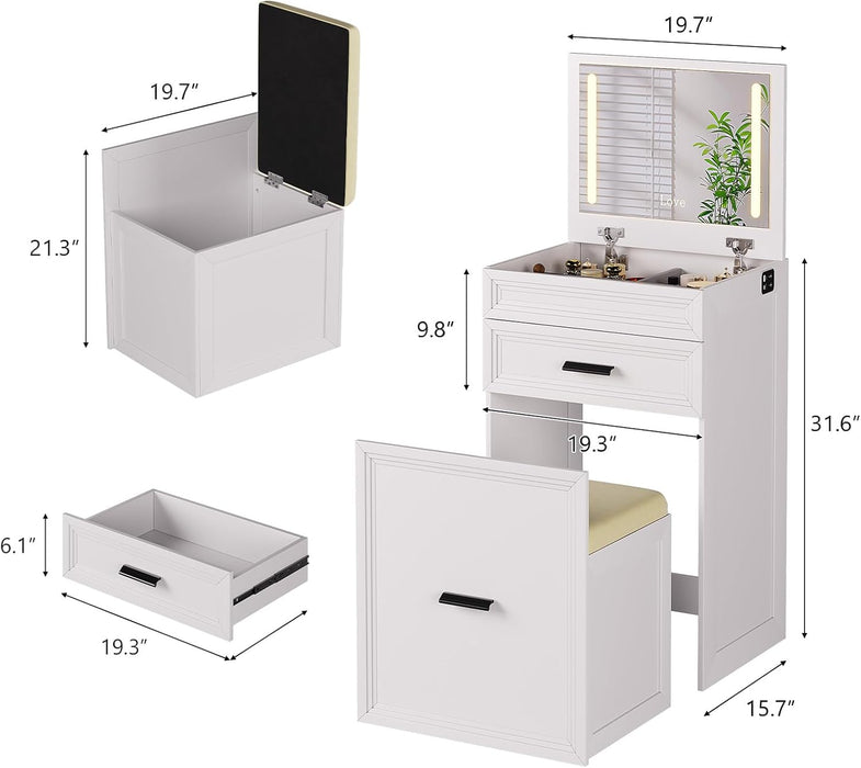 3 in 1 Vanity Desk with Flip Top Mirror and Led Lights, Compact Makeup Vanity with Charging Station, Vanity Table Set with Storage Drawers and Cushioned Stool for Bedroom, White
