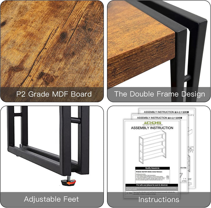 Industrial 4 Tier Bookshelf Rustic Wooden MetalFinish
