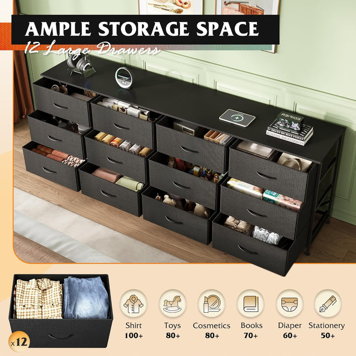75.5'' Black Dresser for Bedroom, TV Stand for 85, 80, 75, 65 Inch TV, 12 Drawer Long Fabric Dresser with Wood Top, Wide Entertainment Center Storage Chest for Living Room, Closet