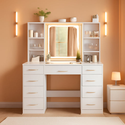 Vanity Desk with Mirror and Lights, Makeup Vanity Desk with 9 Drawers & 6 Shelves, Make up Vanity, Dressing Table with Touch Screen Mirror & Power Outlet, White Vanity for Girls Women, Bedroom