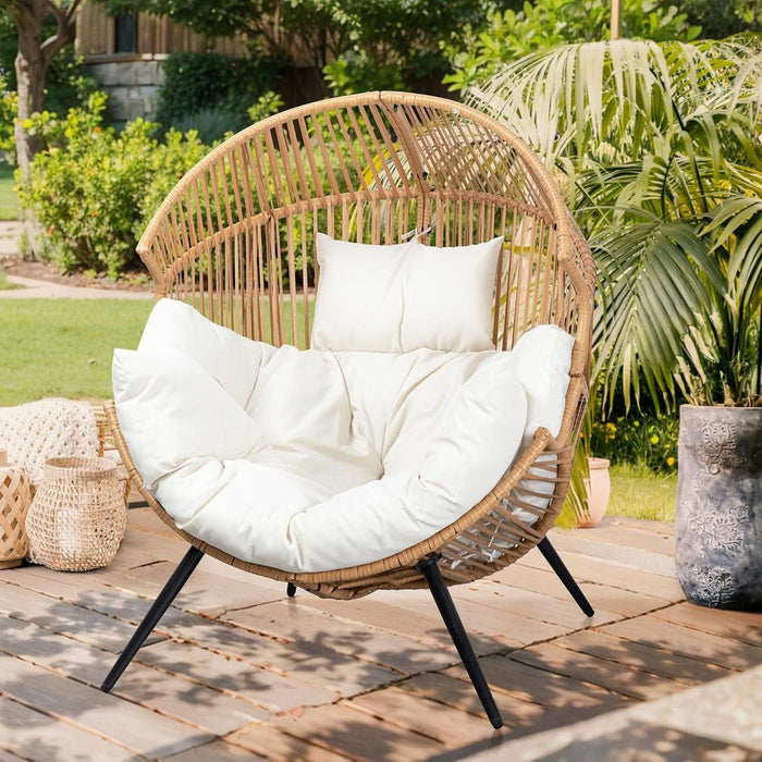 Outdoor Wicker Egg Chair PE Rattan Chair with Cushion, Oversized Patio Lounge Chair for Outdoor, Indoor, Balcony, Backyard, Garden, Beige