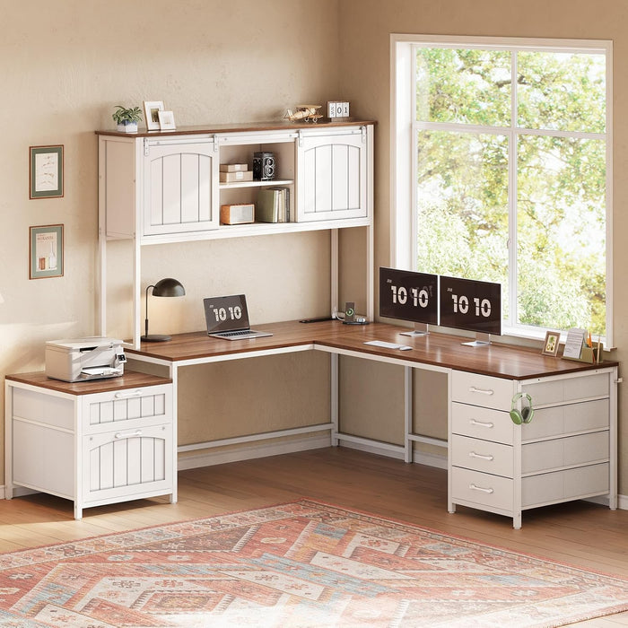 Farmhouse L Shaped Office Desk with 6 Drawer, Reversible Computer Desk with Power Outlet, Hutch for Home Office/Two Person, Corner Desk with File Drawer & Printer Storage Shelves, White