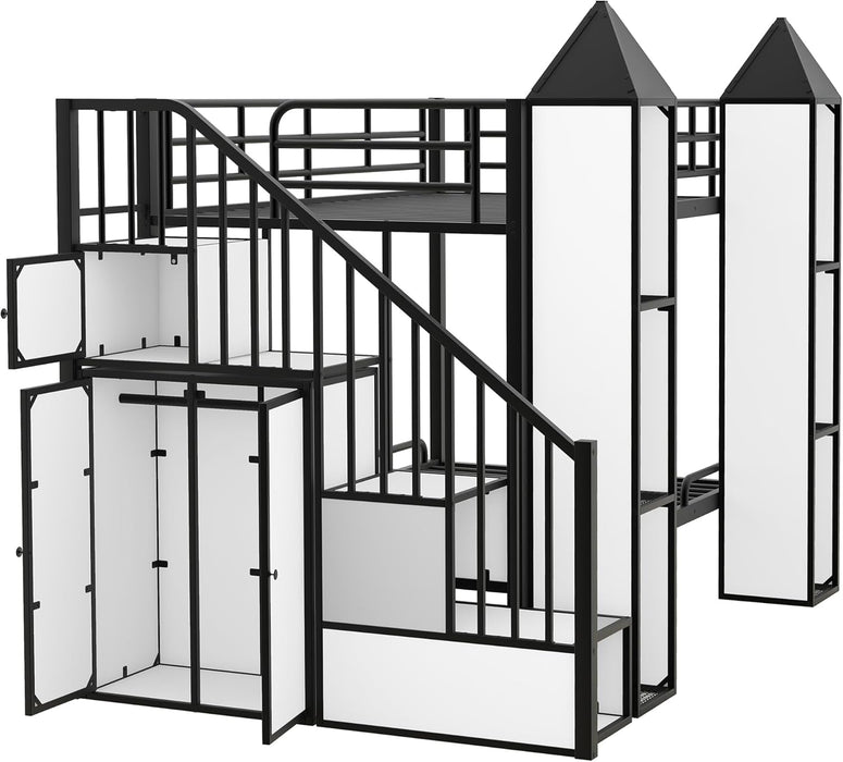 Twin over Twin Metal Bunk Bed with Stairs and Storage Wardrobe, Castle-Shaped Bunk Bed Heavy-Duty Steel Frame, Noise Free,For Kids Teens Adults, Black+White