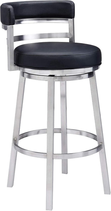 Madrid 30" Seat Height Swivel Modern Black Faux Leather and Brushed Stainless Steel Bar Stool for Kitchen Island Counter
