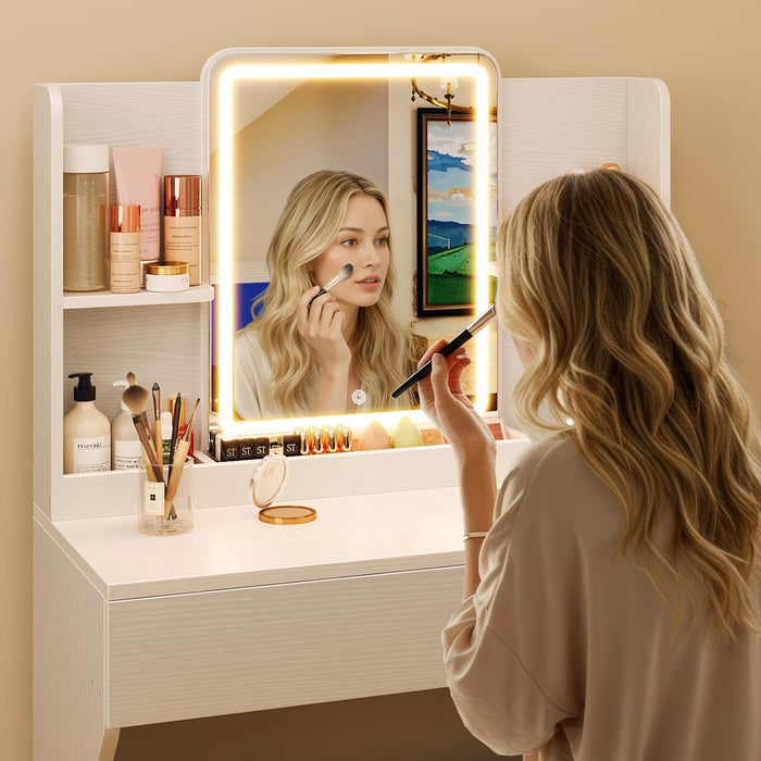 Compact White Vanity Desk With Dimmable Illumination