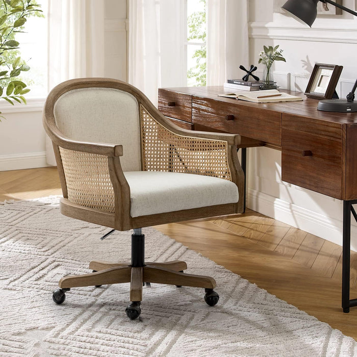 Rattan Desk Chair, Vintage Upholstered Home Office Chair, Ivory
