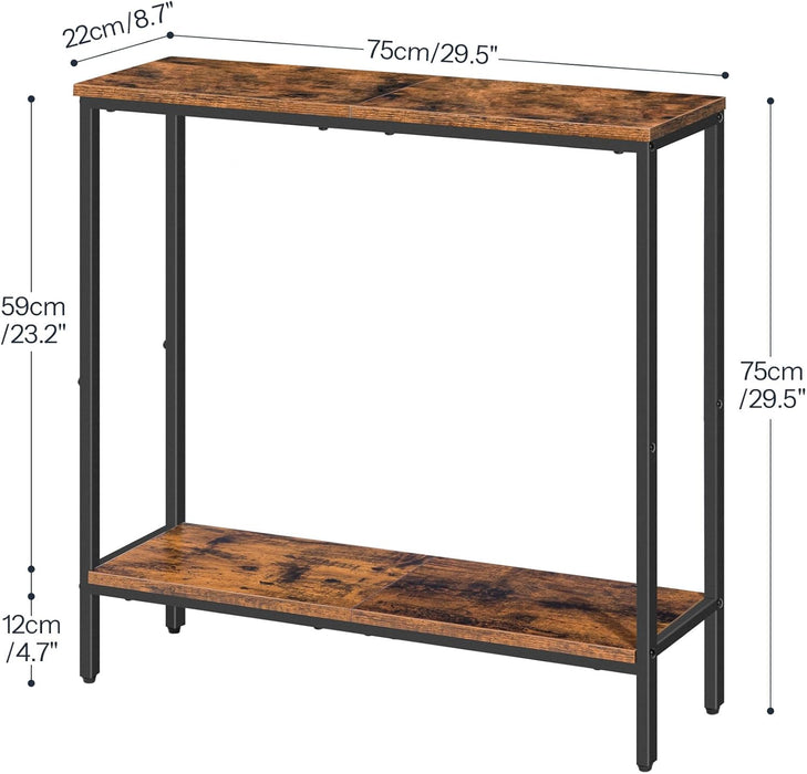 29.5" L Narrow Console Table, Sofa Table behind Couch with 2-Tier Storage Display Shelves, 8.7" D Small Entryway Table for Hallway, Foyer, Living Room, Bedroom, Rustic Brown and Black BF22XG01
