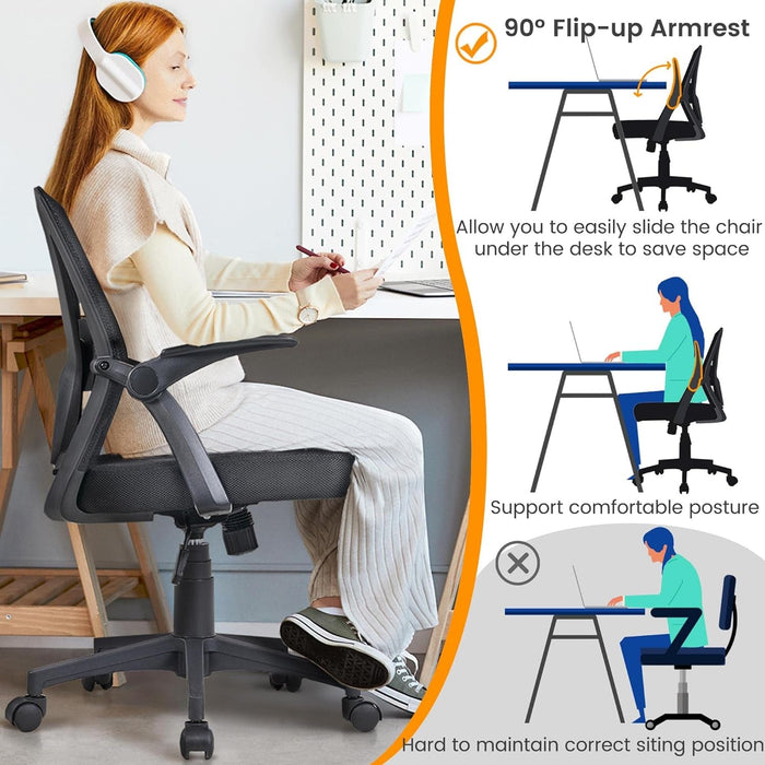 Home Office Chair Work Desk Chair Swivel Computer Mesh Chair with Flip-Up Arms Adjustable Height Lumbar Support Executive Office Task Chair for Home Office Students Study, Black