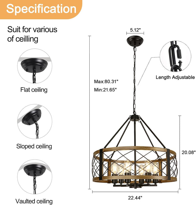 Modern Chandelier for Dining Room, 6-Light Wood Grain Finish Farmhouse Chandelier, 22.5” Rustic Drum Hanging Light Kitchen Island, round Metal Hanging Light Fixture for Foyer, Entryway, Bedroom