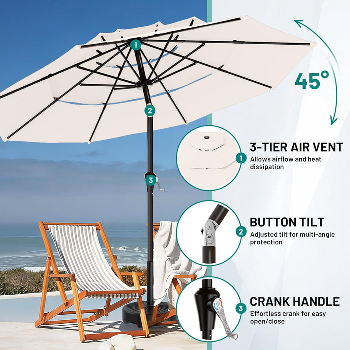 9Ft 3-Tier Patio Umbrellas, Outdoor Umbrella with 8 Sturdy Ribs UV Protection Windproof, Market Table Umbrella W/Push Button Tilt & Crank for Pool, Porch, Deck, Garden(Cream White)