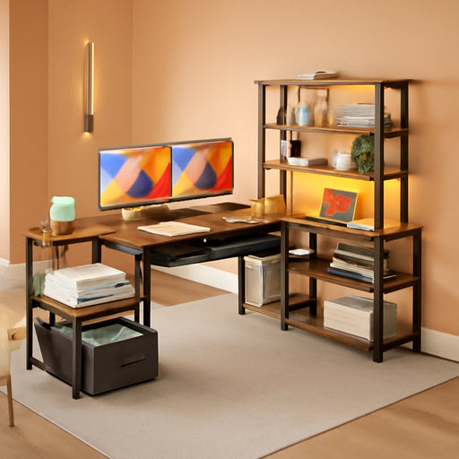 79 Inch L Shaped Desk with File Drawers, Reversible L Shaped Gaming Desk with Power Outlets & LED Lights, Computer Desk with Storage Shelves for Home Office, Vintage