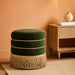 Edward 17.5" round Upholstered Ottoman with Bullion Fringe, Olive Green Performance Velvet