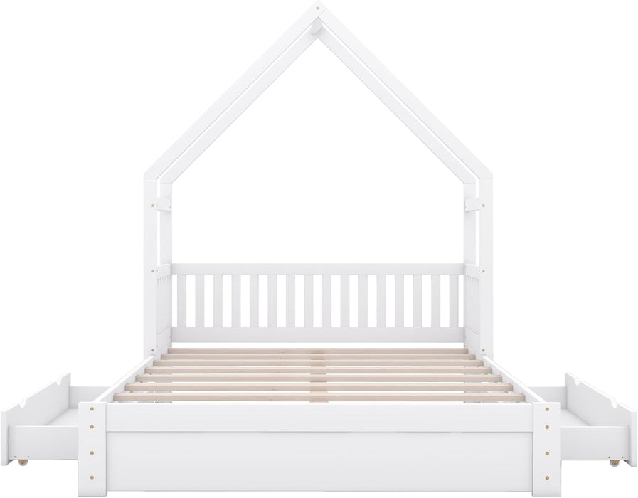 Queen Size Kids HouseBedFrame With UnderBedStorageDrawers