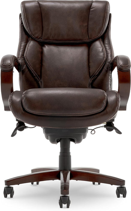Bellamy Executive Office Chair with Memory Foam Cushions, Solid Wood Arms and Base, Waterfall Seat Edge, Bonded Leather, Brown