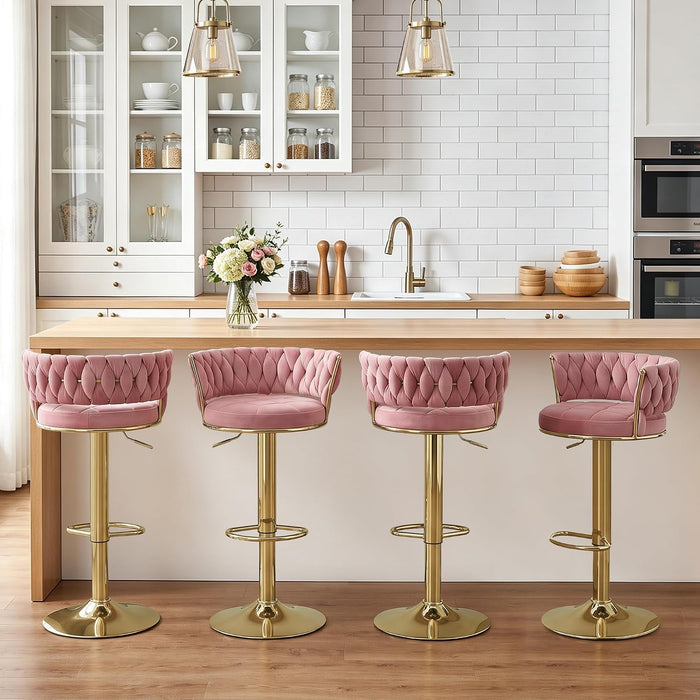 Bar Stools Set of 2, Adjustable Barstools Counter Height Stools with Back and Arm, Velvet Woven Kitchen Island Stools W/Gold Metal Leg Base, 360° Swivel Bar Chair, Pink