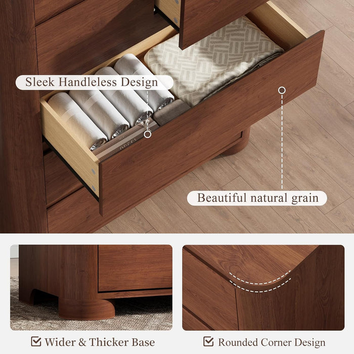Walnut Dresser for Bedroom with 6 Drawers, 48" Tall Modern Chest of Drawers with Unique Thickened Foot, Rounded Corner Design, Wooden Dresser Organizer for Bedroom, Living Room, Hallway