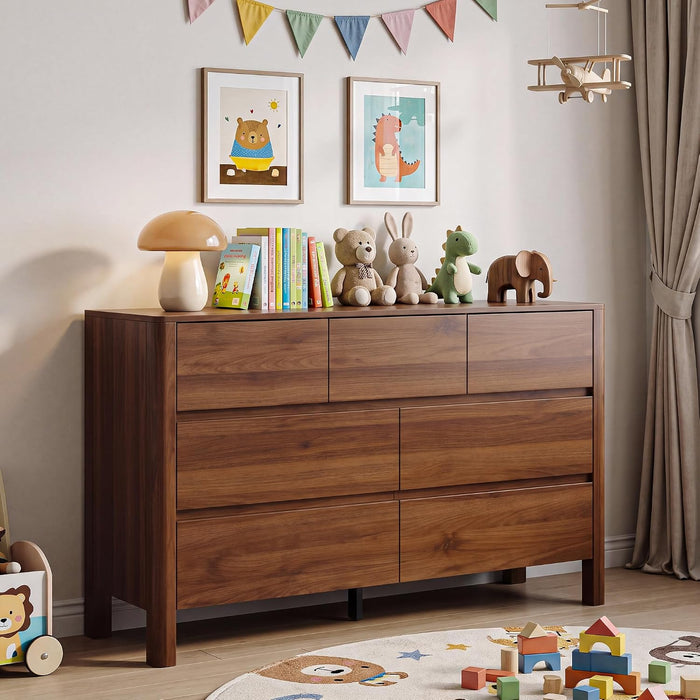 Walnut Dresser for Bedroom, 51" Mid-Century 7 Drawer Dresser with Wide Drawers and Wood Legs, Curved Edge Design, Modern Large Dressers & Chests of Drawers for Bedroom, Hallway.