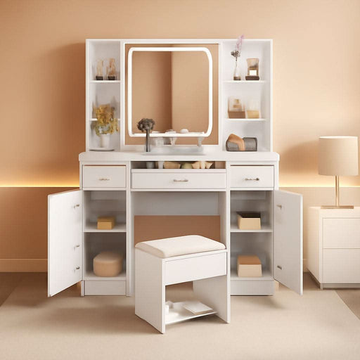 Vanity Desk with Mirror and Lights, Vanity Tables with 9 Drawers, Makeup Vanity with Tri-Folding 3 Colors Lighting Mirror and Cushioned Stool, Big Vanities Perfect for Bedroom, White