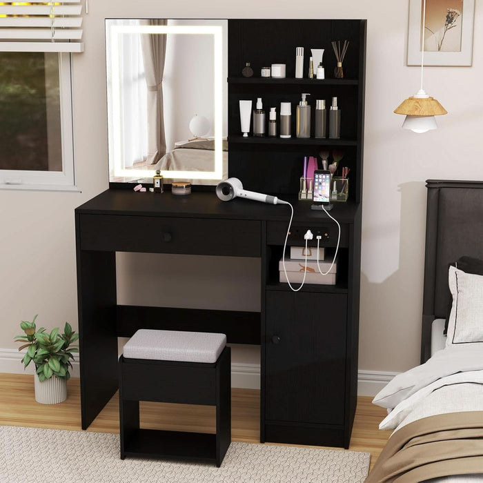 Vanity Desk with Mirror and Lights, Makeup Vanity Table with Charging Station, Storage Stool, Drawer, Cabinet, Shelves, 3 Lighting Modes, Black Modern Makeup Dressing Table for Girls Bedroom