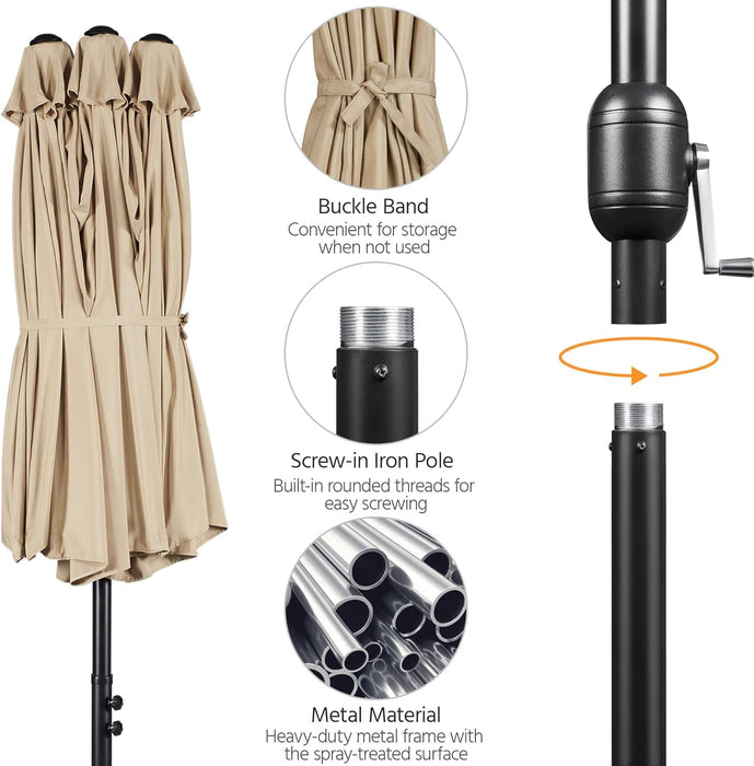 13 Ft Triple-Size Patio Umbrella W/Base Included - Market Extra-Large Double Sided Umbrella - Twin-Size Patio Parasol W/Easy Crank & 12 Strong Ribs & Ventilation Openings, Tan