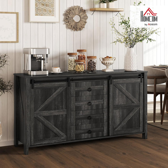 60" Farmhouse Sideboard Buffet Cabinet with Storage, Kitchen Cabinet with 2 Sliding Barn Doors, 4 Deep Drawers and 2 Adjustable Shelves, Distressed Dark Gray