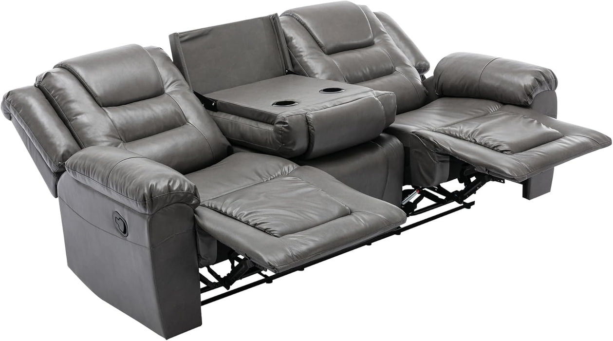 Leather Reclining Sofa Set,Home Theater Seating with Center Console,Flipped Middle Backrest,3 Seater for Living Room,Office,Home Theater,Rv (Grey)