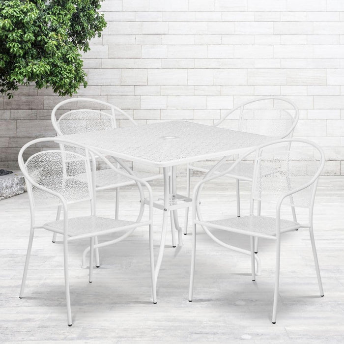 Oia Commercial Grade 35.5" Square White Indoor-Outdoor Steel Patio Table Set with 4 round Back Chairs
