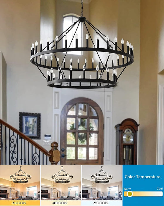 60 Inch Large Black Wagon Wheel Chandelier,2 Tier 54-Lights Farmhouse Industrial Country Style round Pendant Light Fixture for Outdoor Porch High Ceilings Living Dining Room Foyer Entryway