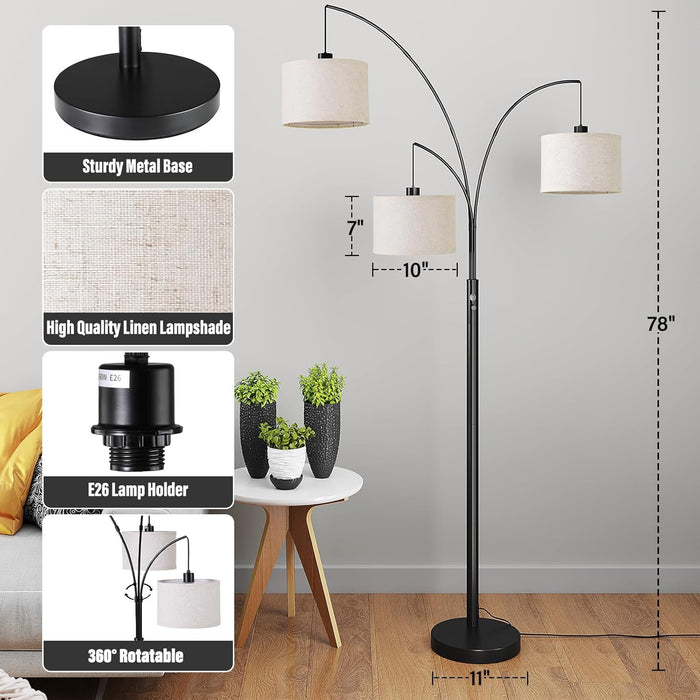 3 Lights Floor Lamp for Living Room, 78" Tall Standing Lamp with Hanging Drum Shade, Modern Arc Floor Lamps with Heavy Base, Mid Century Arched Tree Floor Lamp for Bedroom, Office, Corner