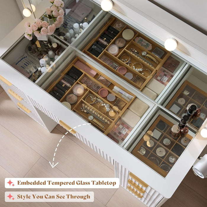 47.2" Fluted Vanity Desk with Large Mirror and Adjustable LED Lights, 7 Drawers Makeup Table with Glass Top and Charging Station for Women and Girls, Bedroom or Dorm, White