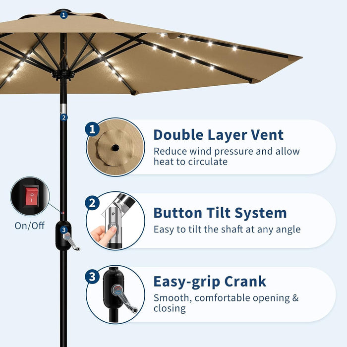Patio Umbrella with Solar Lights, Outdoor Table Umbrella with 8 Durable Ribs, Tilt & Crank Mechanism, Waterproof & UV Protection for Garden, Backyard, Poolside,