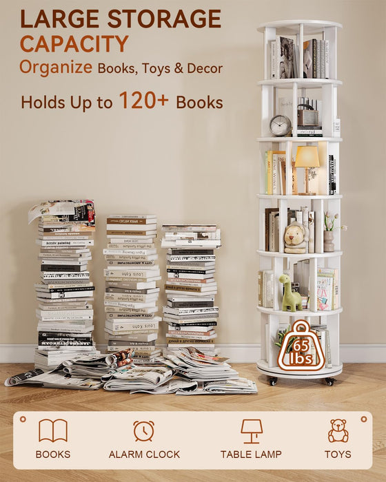 Rotating Bookshelf, 6 Tier Solid Wood Bookshelf Tower with Lockable Wheels