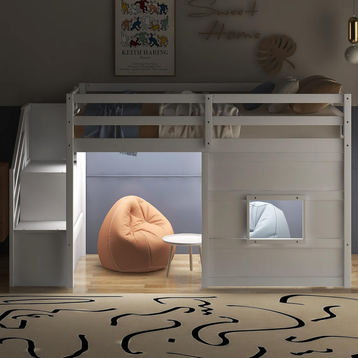 Low Loft Bed with Stairs, Twin Size Storage Loft Bed Frame with Staircase and Window, Wood Kids Loft Bed with Steps for Boys Girls Teens, White