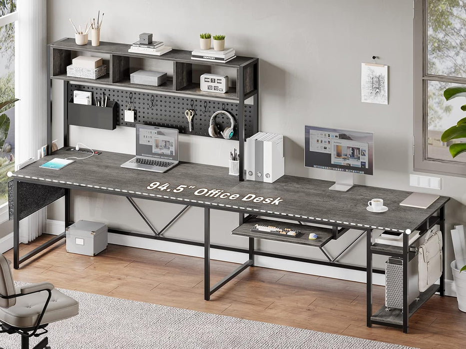 L Shaped Desk, 94.5 Inch Home Office Desk with Power Outlet & Pegboard, L Shaped Gaming Desk with LED Light, Keyboard Tray, Storage Shelves and Headphone Hook for Home Office, Grey